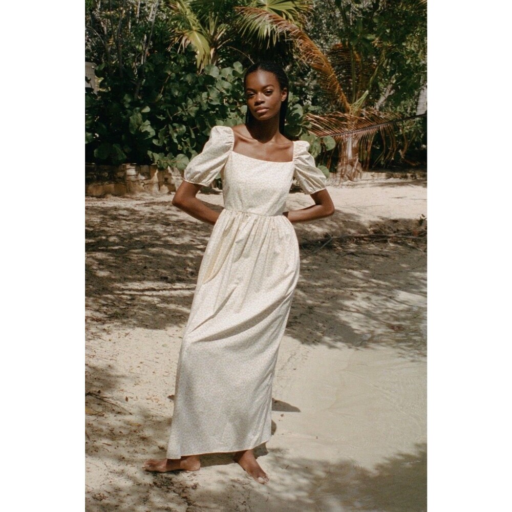 Coco Shop Short Sleeve Maxi Dress in Yellow Leaf Size S MSRP $525 Pockets